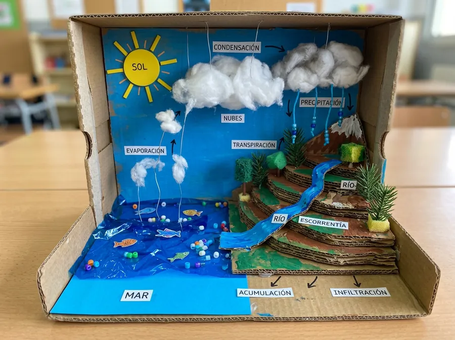 Maqueta escolar del ciclo del agua, vista general