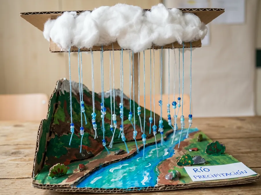Detalle de la lluvia de la misma maqueta, hecha con hilos y cuentas
