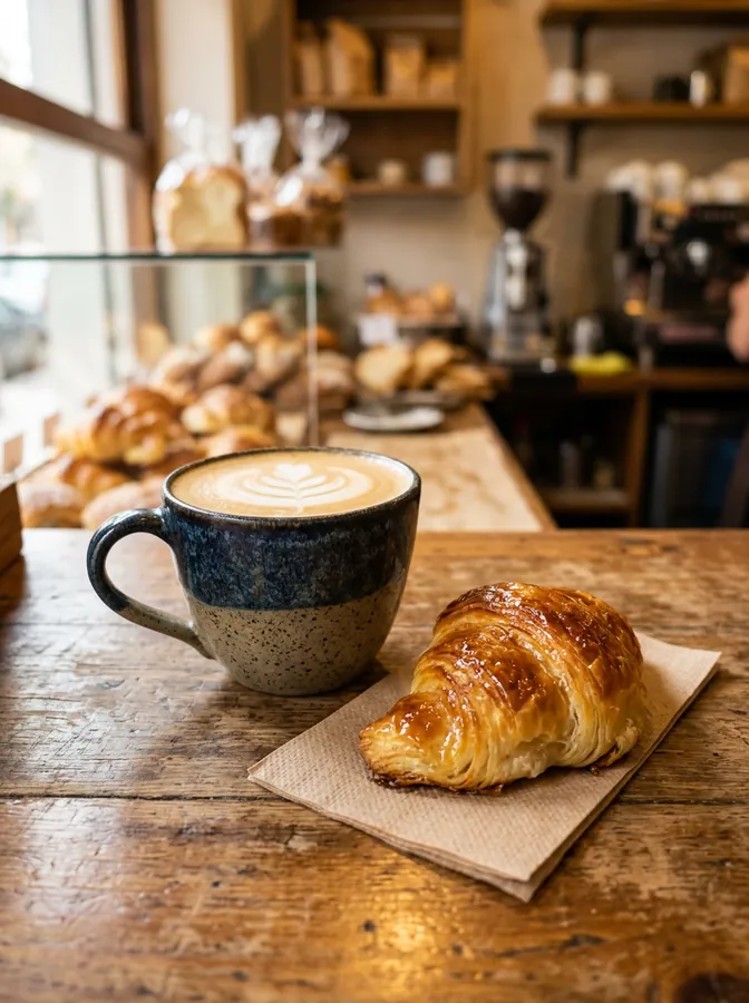 Café con leche y medialuna sobre un mostrador de madera, mismo estilo que la anterior