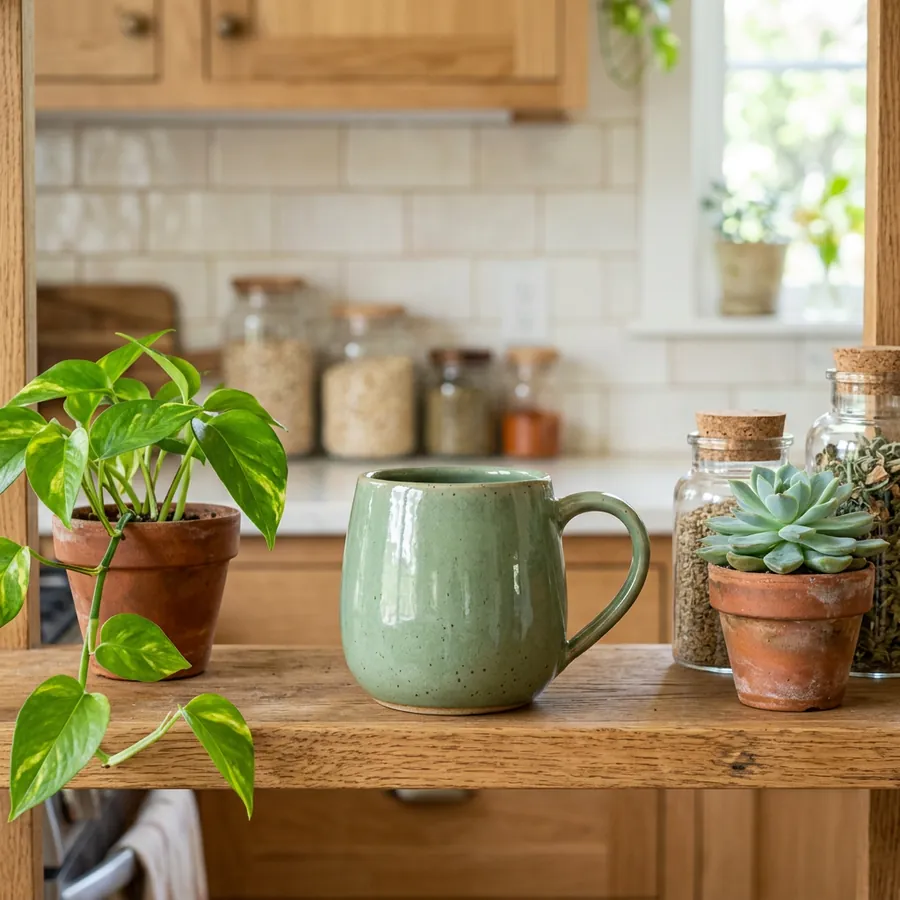 La misma taza en un estante de cocina con plantas